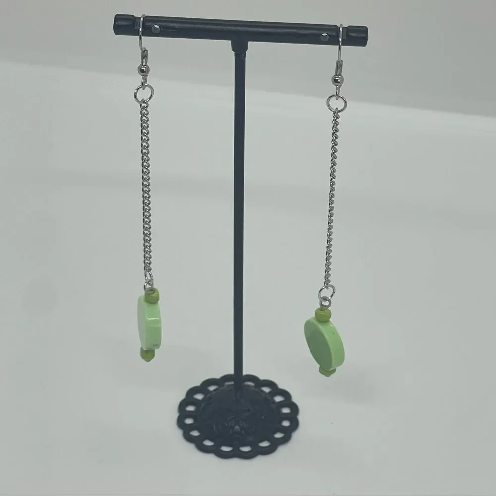 Hand Crafted Lime Green Gemstone With Silver Chain Earrings NWT